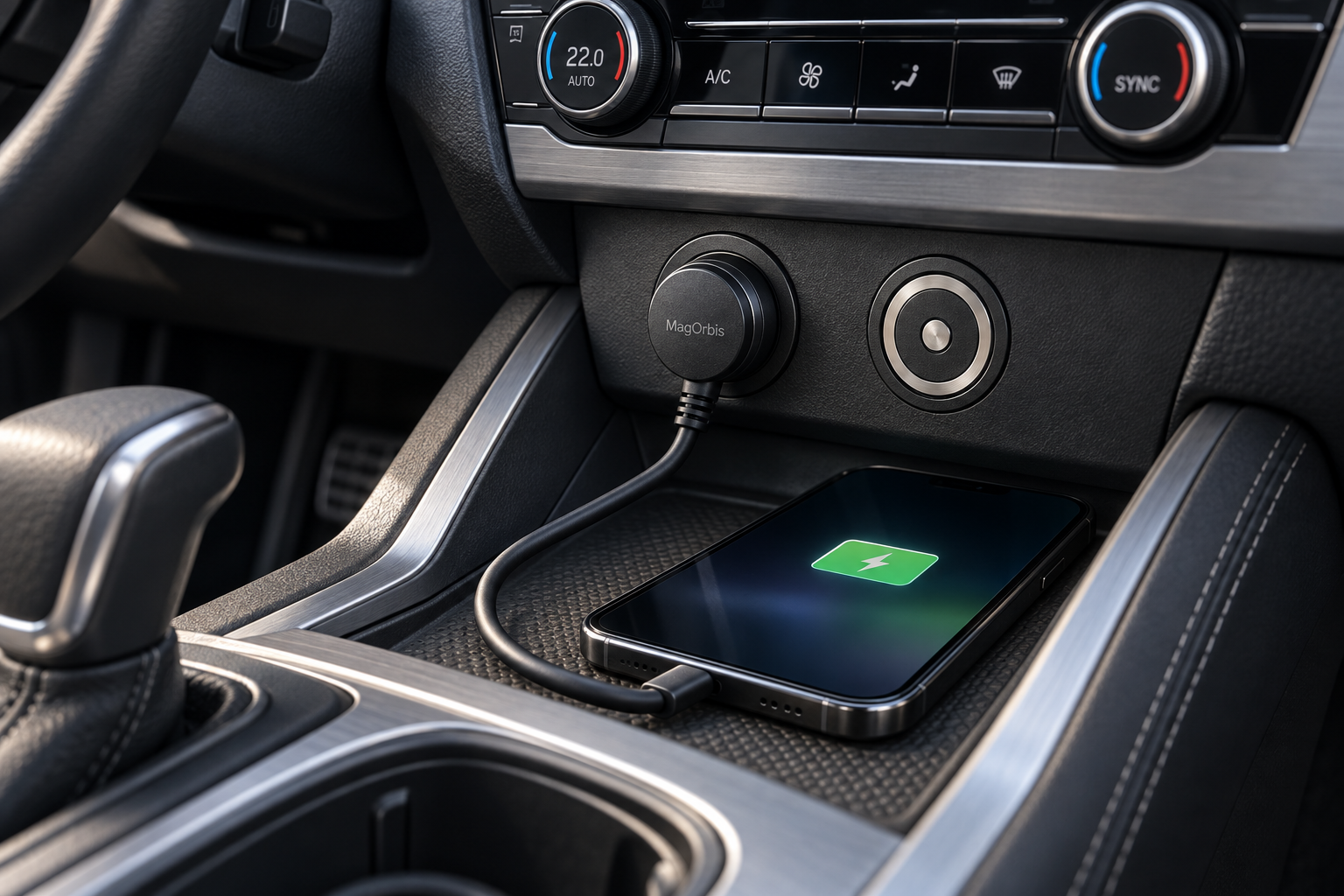 Concepto de MagOrbis instalado en la consola de un automóvil y conectado a un teléfono